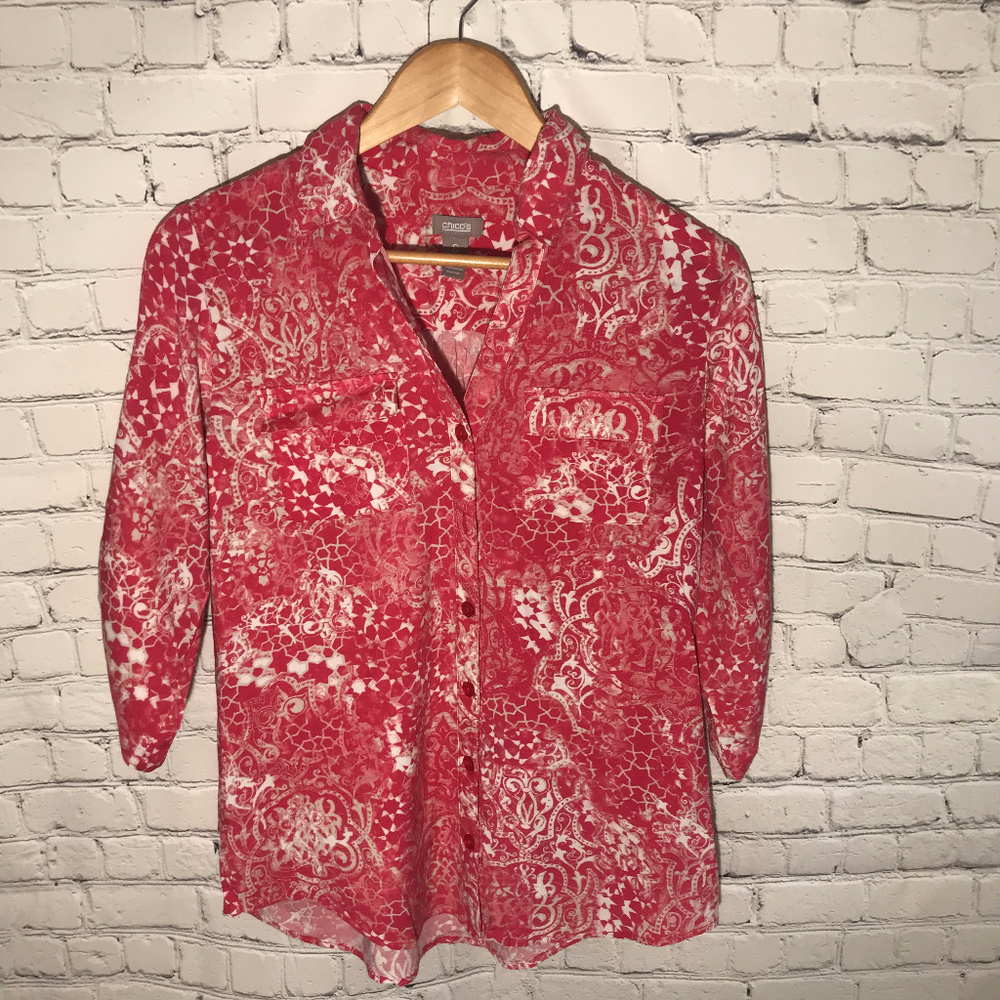 Chicos Pink Print Button Down Blouse Shirt